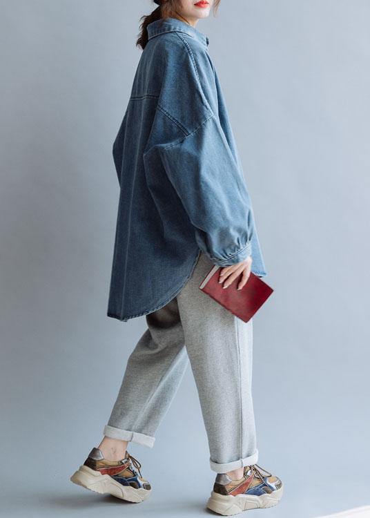 French Low High Design Cotton Shirts Pattern Denim Blue Blouse Fall