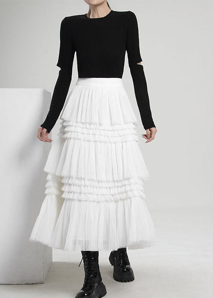 Fine White Asymmetrical Wrinkled Tulle Skirts Spring