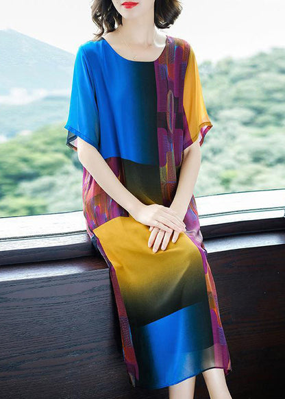 Colorblock O Neck Side Open Patchwork Chiffon Dress Summer