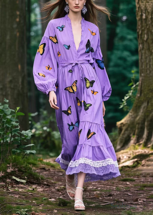 Lavender Tie Waist Butterfly Cotton Vacation Dress Spring