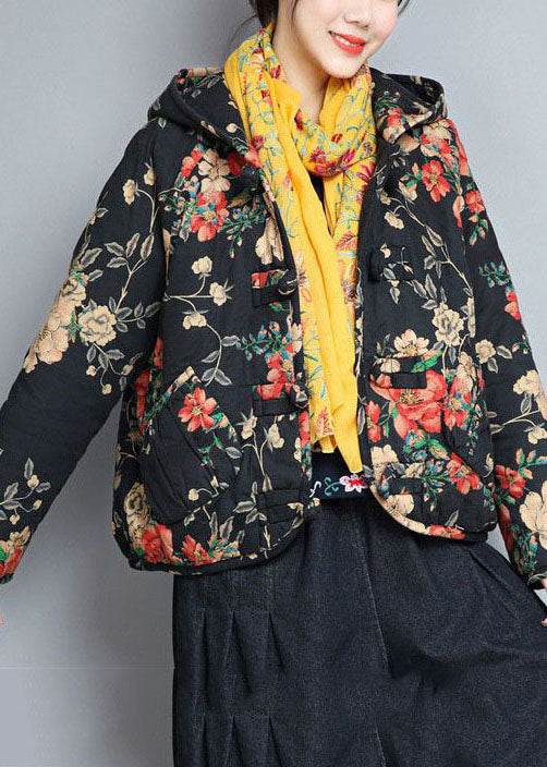 Art Black Hooded Pockets Print Fine Cotton Filled Coats Winter