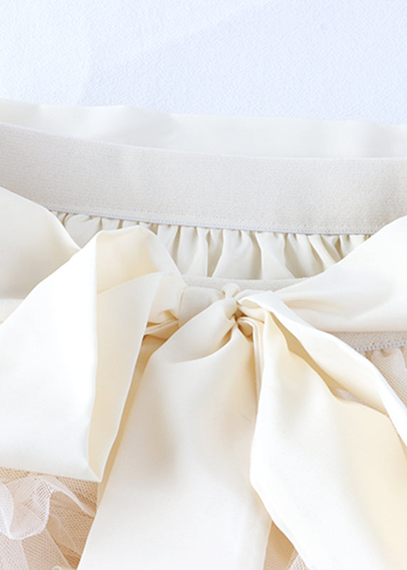 Modern Apricot Ruffled Bow Tie Waist Elastic Waist Tulle a Line Skirts Spring