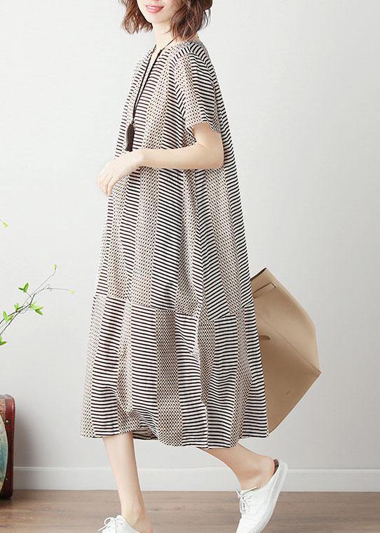 Light Khaki Striped Cotton Tunics for O Neck Patchwork Cotton Summer Dress