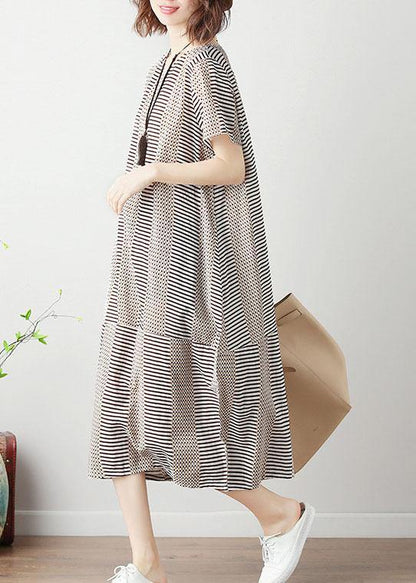 Light Khaki Striped Cotton Tunics for O Neck Patchwork Cotton Summer Dress