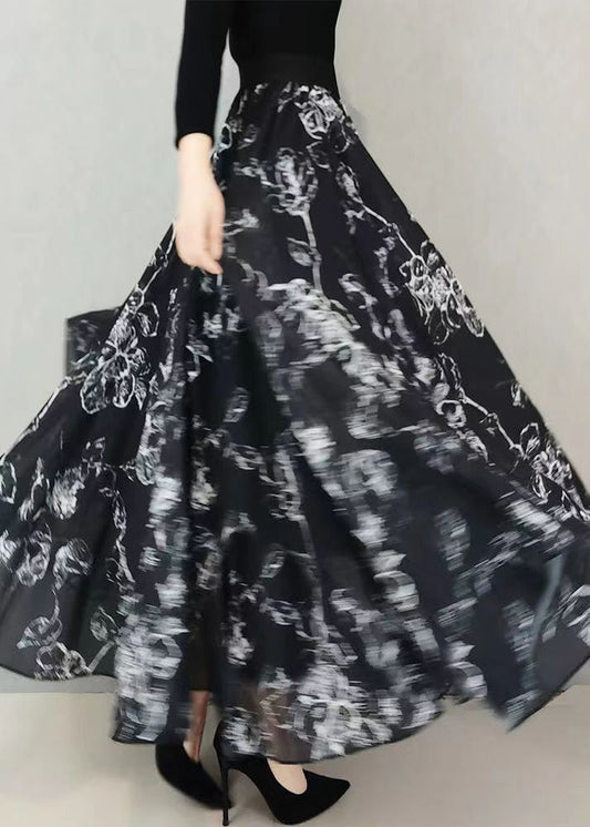 Black Wrinkled Print Exra Large Hem Chiffon Skirts Summer
