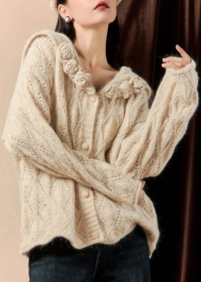 Beige Button Hollow Out Knit Sweaters Spring