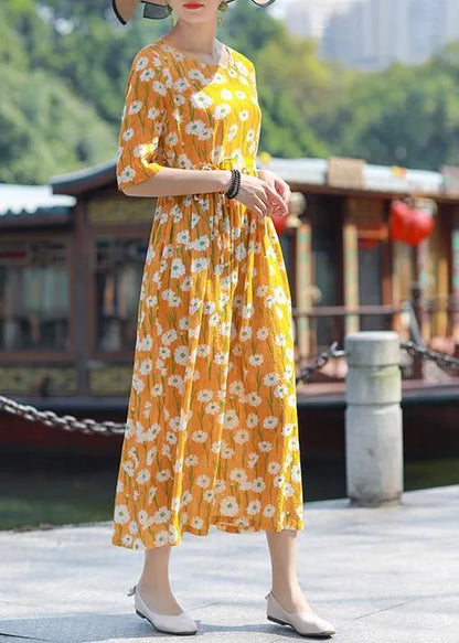 Handmade O Neck Drawstring Cotton Yellow Print Maxi Dress Summer