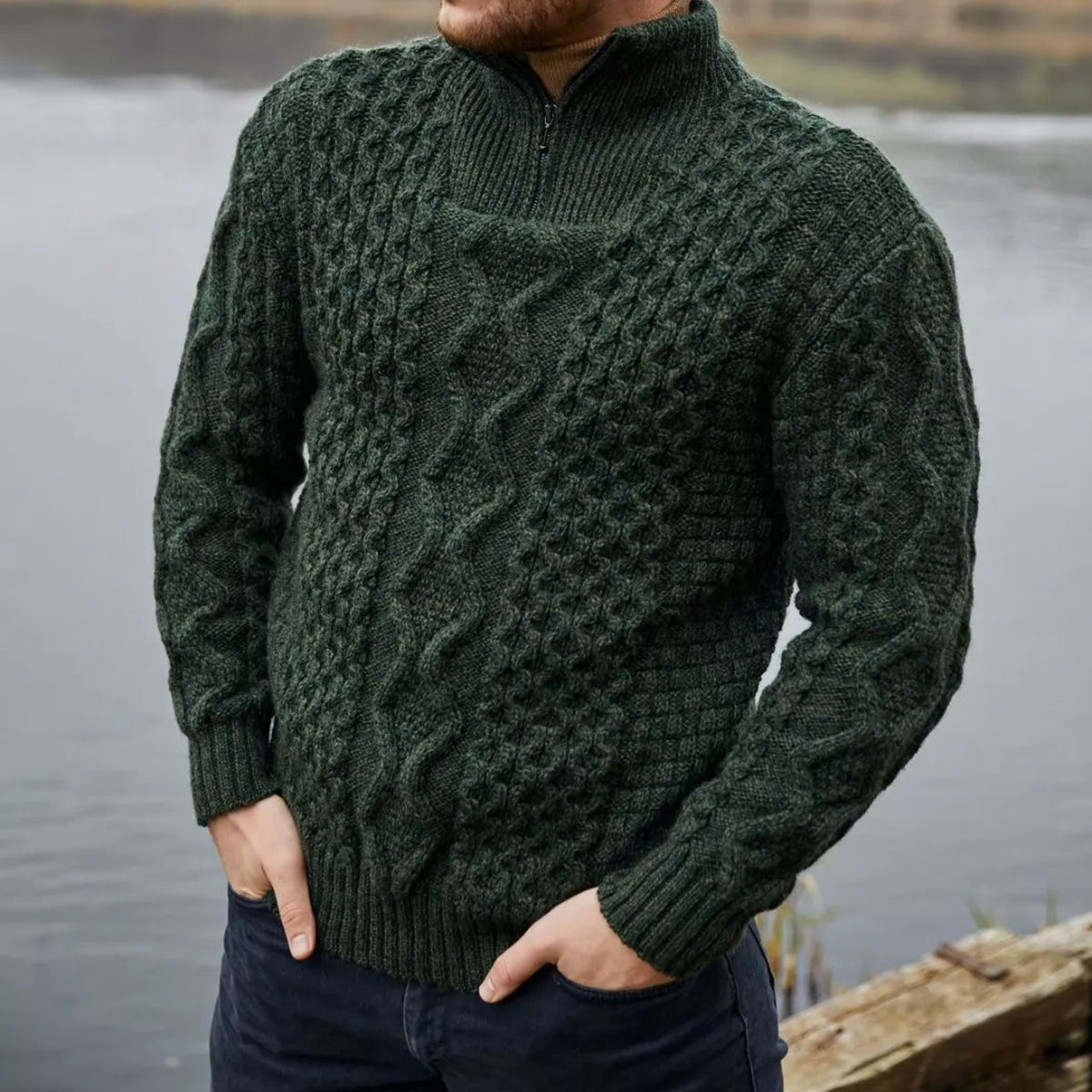 Men'S Vintage Cable Knit Aran Zip Neck Turtleneck Sweater artswardrobe