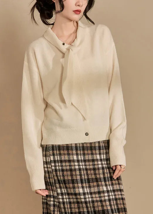Beige Bow Button Knit Sweaters Winter