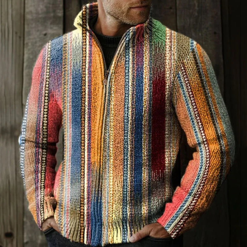 Men's Retro Colorful Striped Pattern Knitted Zip Sweater elevenforest