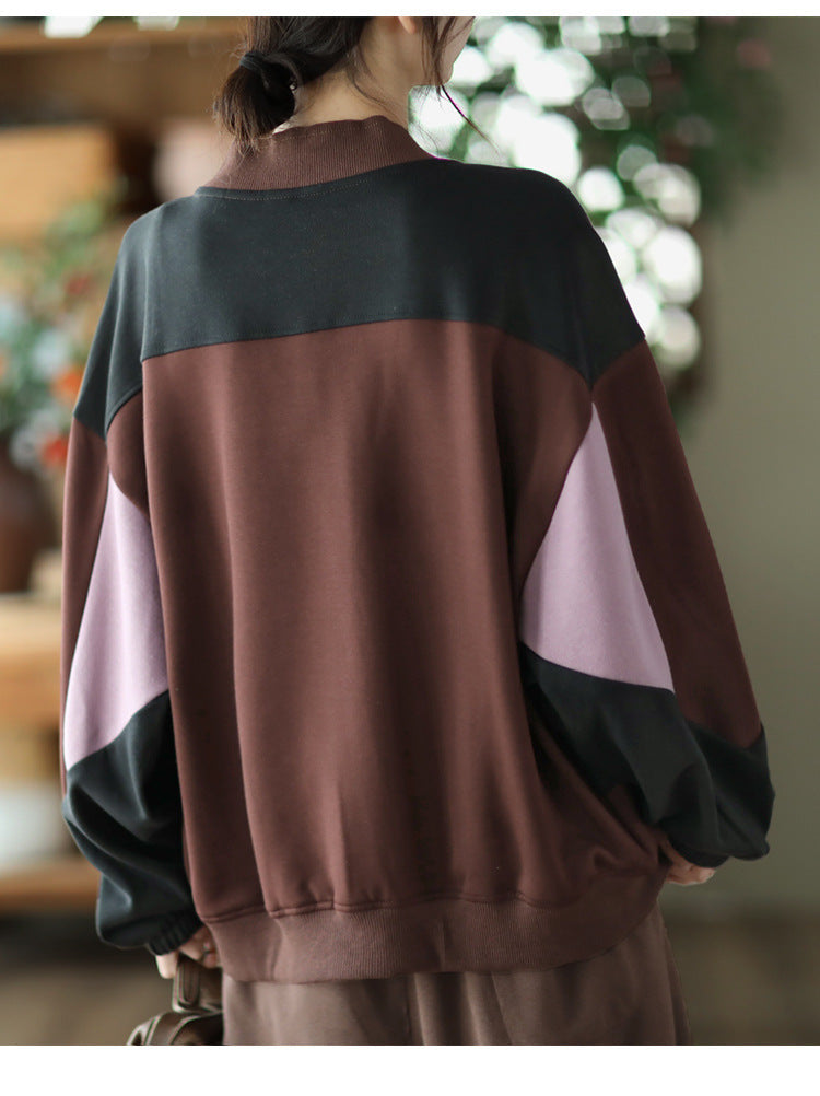 Retro Color-blocking Loose Long-sleeved Literary Jacket