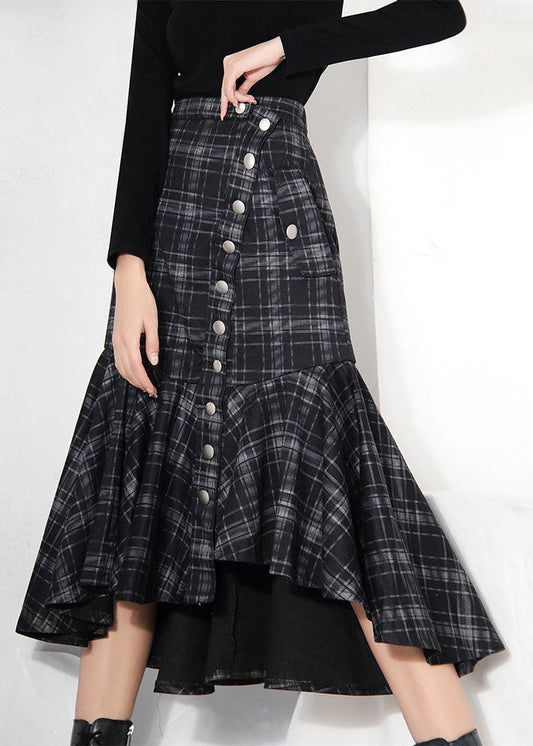 Black Low High Design Ruffles Plaid Skirt Spring