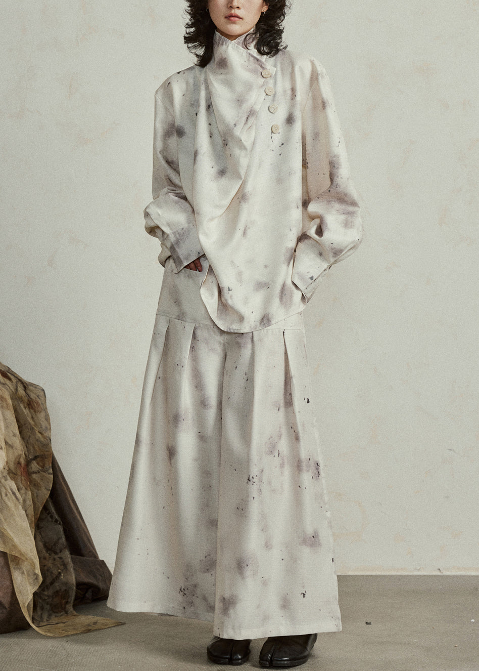 Boutique Stand Collar Tie Dye Two Pieces Set Top and Wide Leg Pants Lantern Sleeve