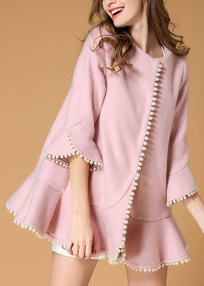 Pink Pockets Nail Bead Fall Woolen Coat