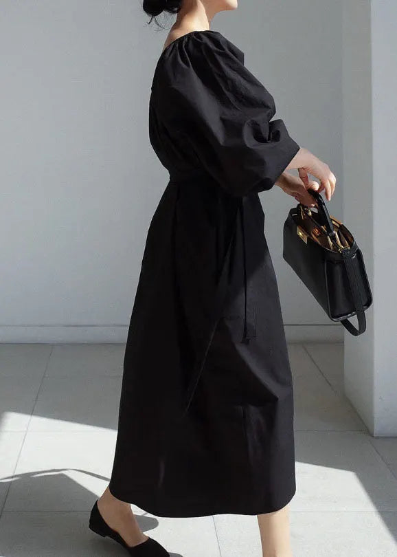 Easy Black Tie Waist Puff Sleeve Cotton Long Dress