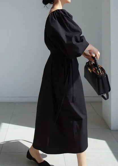 Easy Black Tie Waist Puff Sleeve Cotton Long Dress