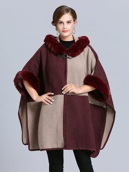 Poncho Cape Faux Fur Hooded Plaid Cape Coat