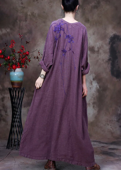 Llight Purple V Neck Asymmetrical Patchwork Linen Ankle Dress Long