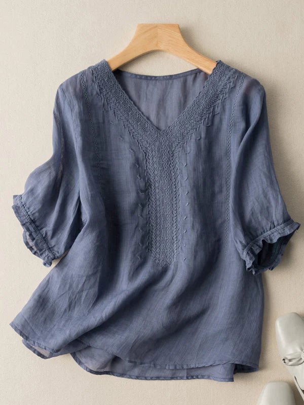 Color V Neck Short Sleeve Linen Top