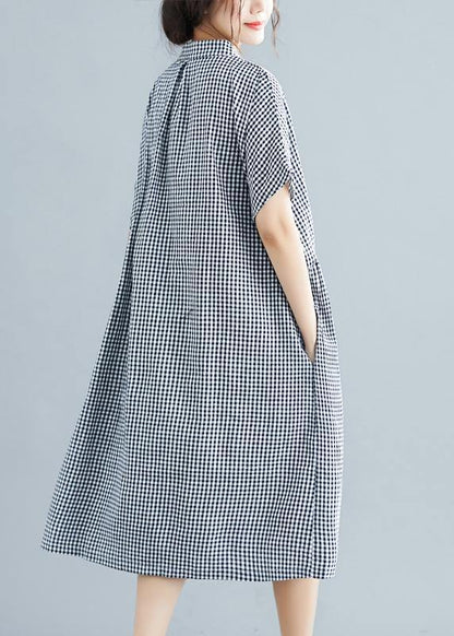 Black White Plaid Cotton Pockets Summer Dress