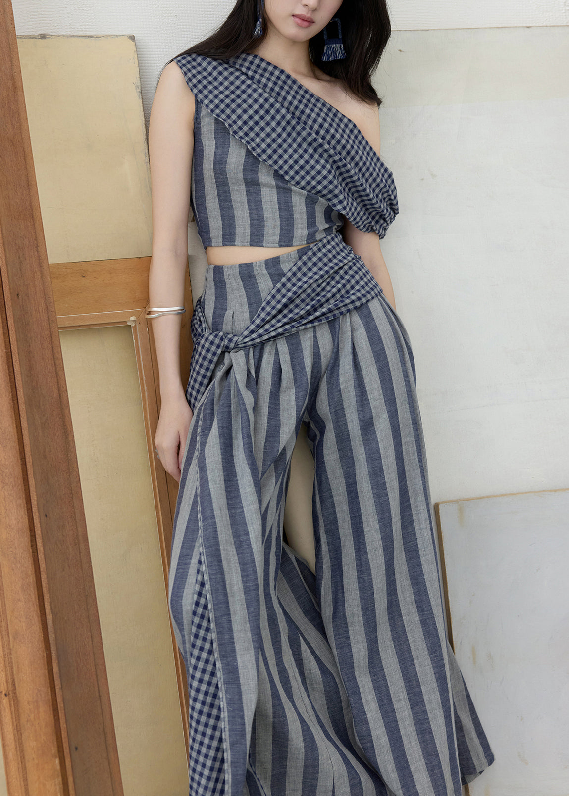 One Shoulder Striped Top and Wide Leg Pants Two Pieces Set Summer