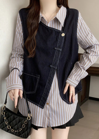 Asymmetrical Striped Cotton Fake Two Piece Top Fall