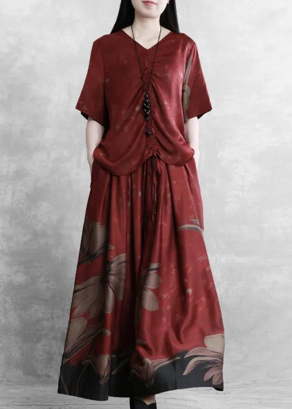 Style Female V-neck Red Large Size Was Thin Shirt + Skirt Pants