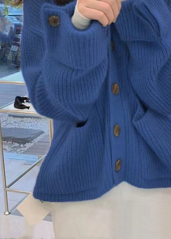Blue V Neck Pockets Button Knit Coats Fall