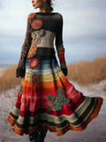 Boho Floral Crochet Colorful Striped Maxi Sweater Dress
