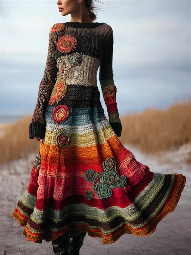 Boho Floral Crochet Colorful Striped Maxi Sweater Dress