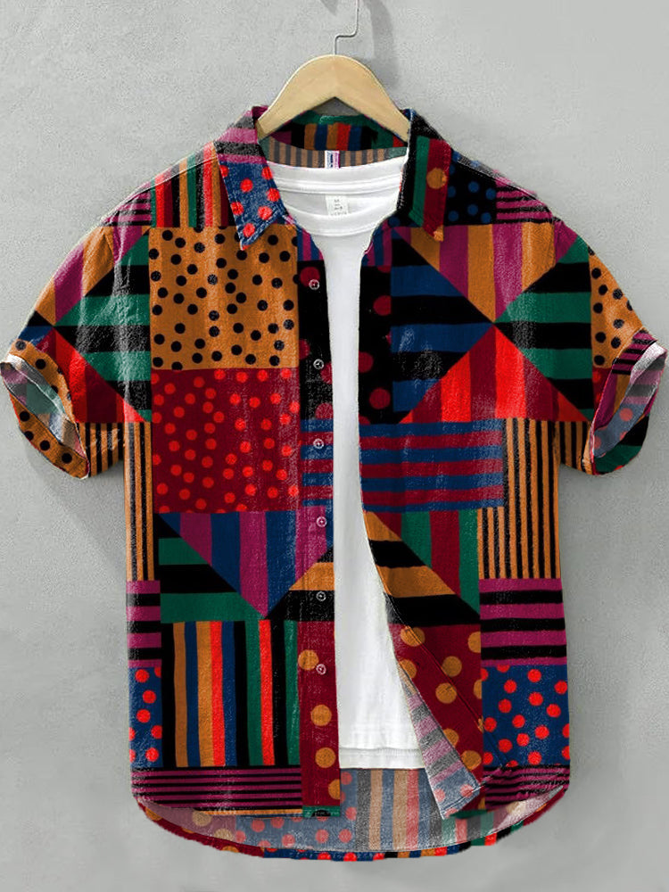 Men's Vintage Geometric Pattern Linen Blend Shirt elevenforest