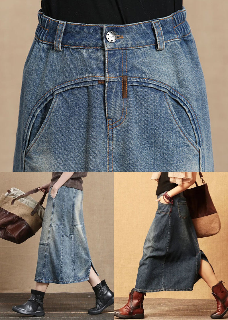Unique Light Blue Elastic Waist Pockets Cotton Denim Skirt Cozy