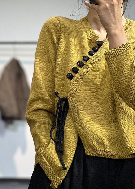 Yellow Asymmetrical Design Lace Up Knit Sweater Tops Winter