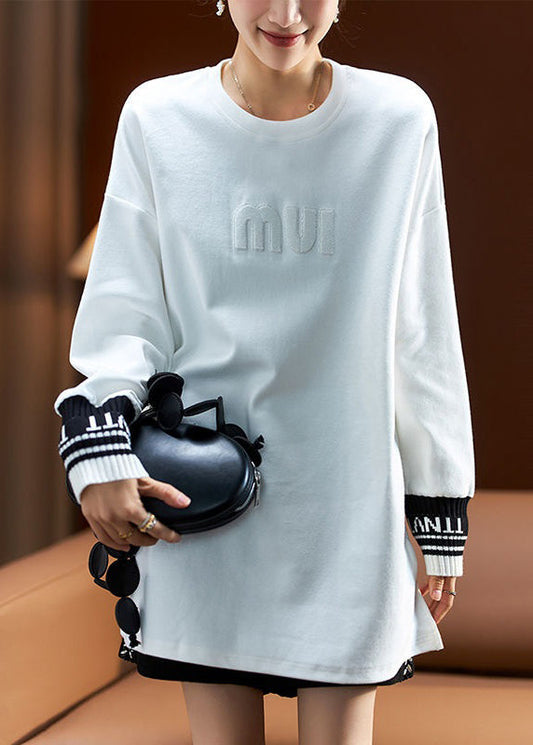 White Letter Side Open Cotton Sweatshirt Spring