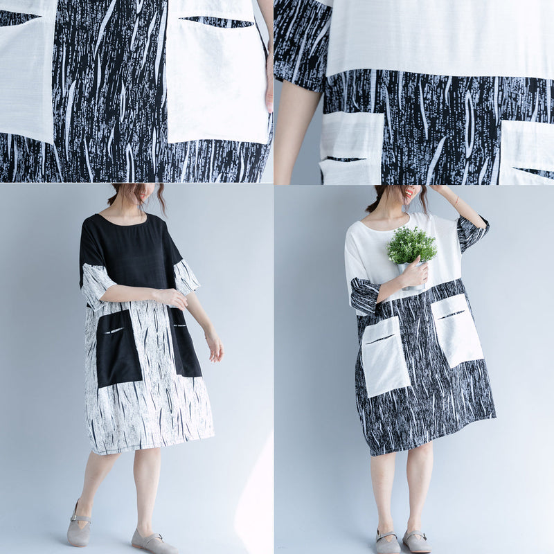 Baggy White Cotton Shift Dress Oversize Dress Patchwork O Neck Short Sleeve Cotton Dress