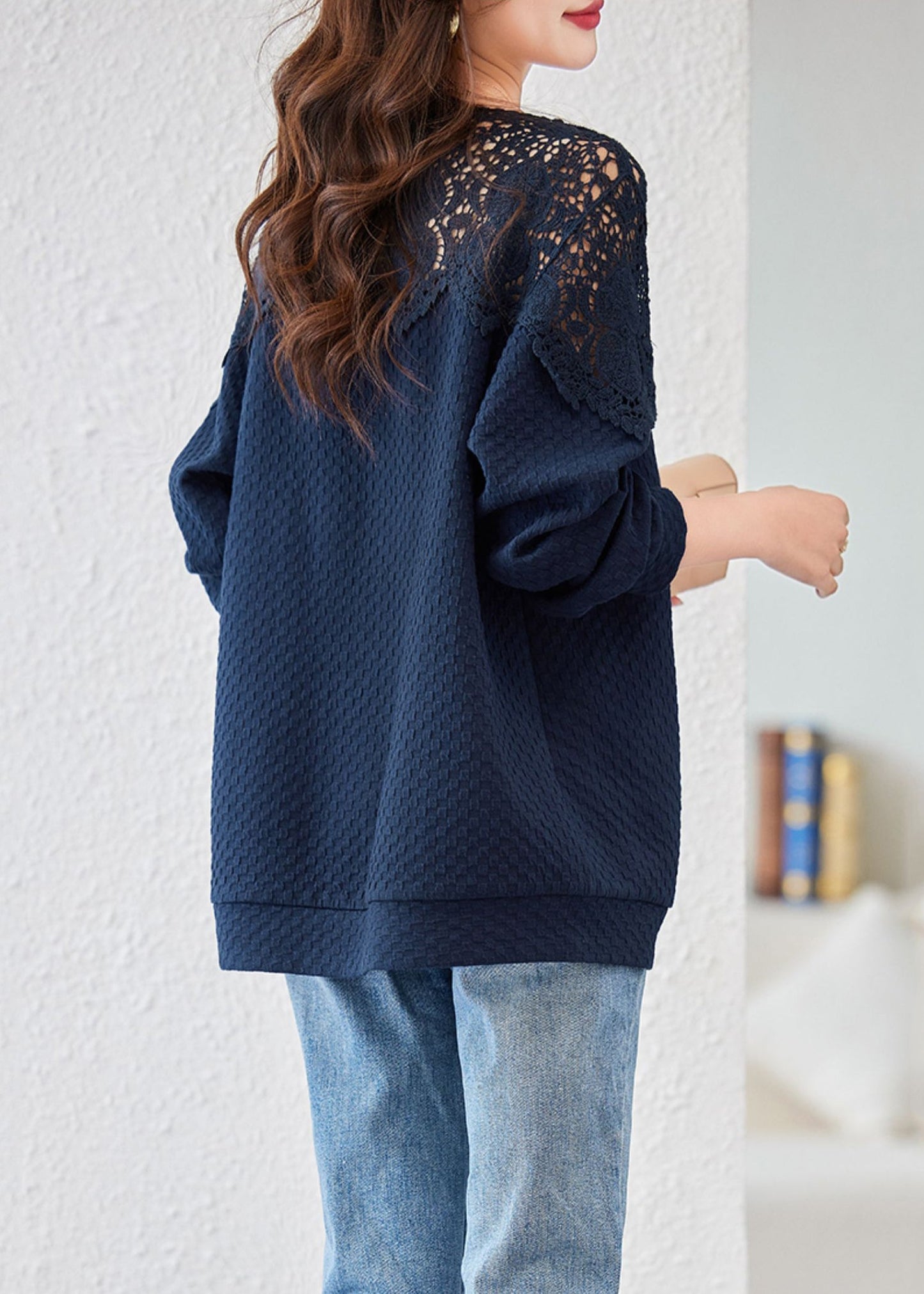 Navy Embroidered Hollow Out Cotton Tops Spring