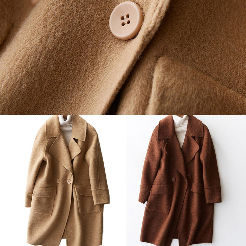 Beige Woolen Coat Medium Length Jackets Big Pockets Woolen Outwear Lapel Collar
