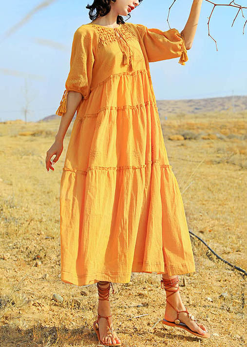 Yellow Lace Up Cotton Summer Long Dress Ruffled