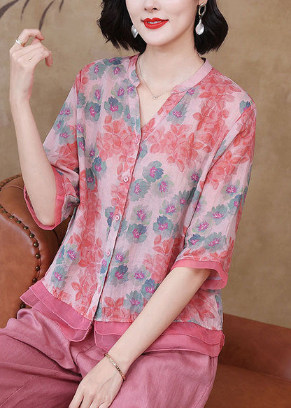 Pink V Neck Print Patchwork Linen Shirt Top Summer