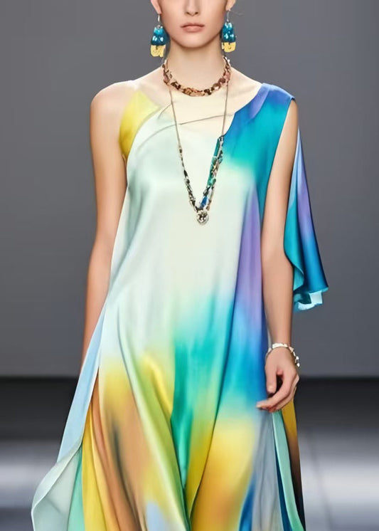 Classy Rainbow Asymmetrical Tie Dye Silk Robe Dresses Summer