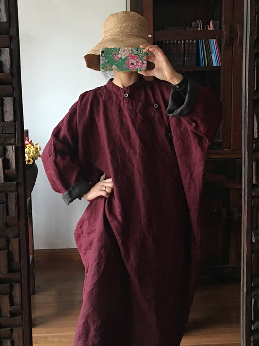 100%linen Embroidery Button Dress