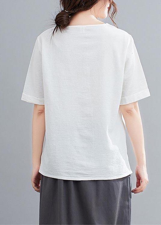 White O-neck Button Shirt Tops Summer Cotton Linen