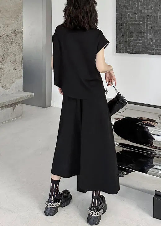 Black Zip Up Patchwork Tops and Skirts Cotton Two Pieces Set Fall