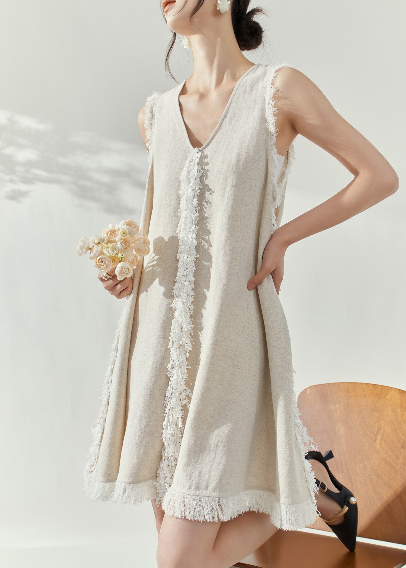 Beige V Neck Tassel Vacation Mid Dresses Sleeveless