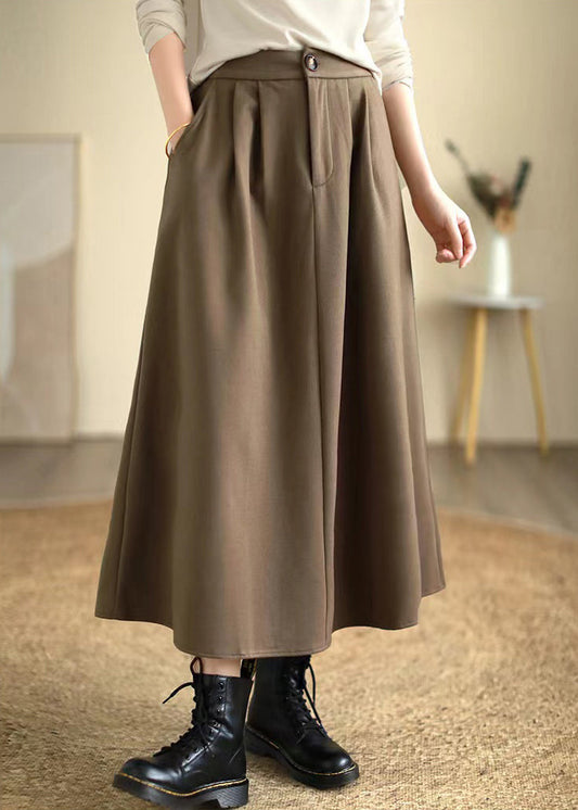 Khaki Silm Fit Woolen a Line Skirt High Waist Spring