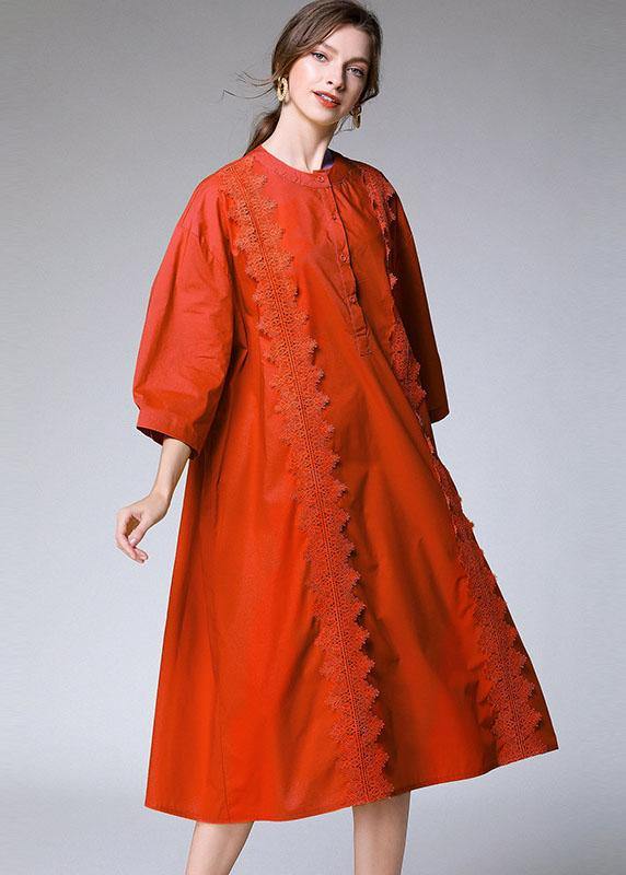 Modern Orange Embroideried Patchwork Fall Cotton Vacation Dress Three Quarter Sleeve