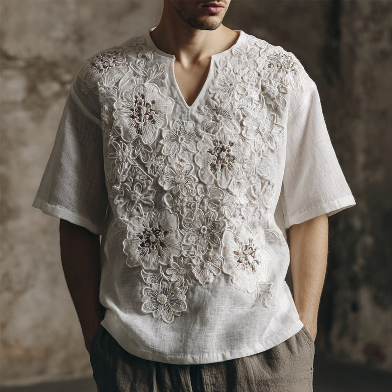 Men's Floral Lace Embroidered Cozy Linen Shirt elevenforest