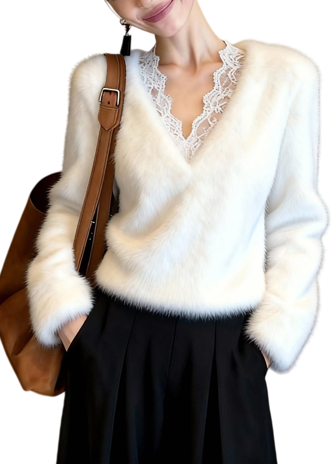 Classy White V Neck Patchwork Mink Hair Knitted Sweater Tops Winter