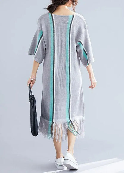 100% Gray Tassel Cotton Tunic V Neck Loose Dresses