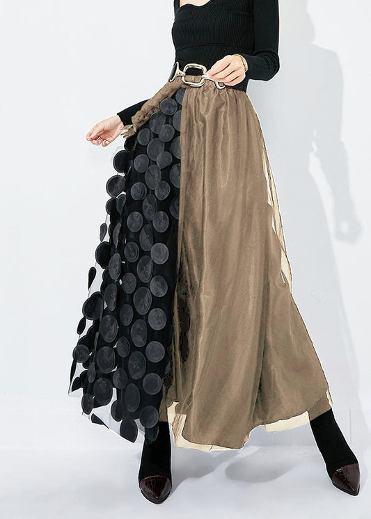 Khaki-black Dot Ruffled Patchwork Dot Tulle a Line Skirts Summer